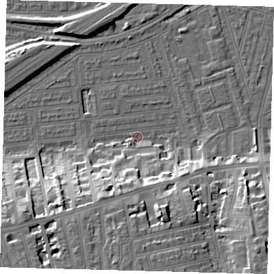 Shaded relief map of the ground around SW115LJ, computed from Environment Agency LiDAR. The ground here sits at about 2 m above sea level and falls 19 m across the surrounding 800 m. Surface water reaching this point runs off ground lying to the south, 18.6 m higher.