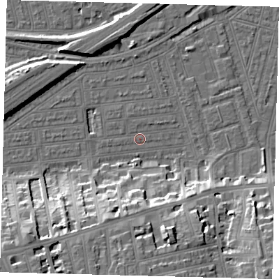 Shaded relief map of the ground around SW115LN, computed from Environment Agency LiDAR. The ground here sits at about 3 m above sea level and falls 19 m across the surrounding 800 m. Surface water reaching this point runs off ground lying to the south-south-west, 18.5 m higher.