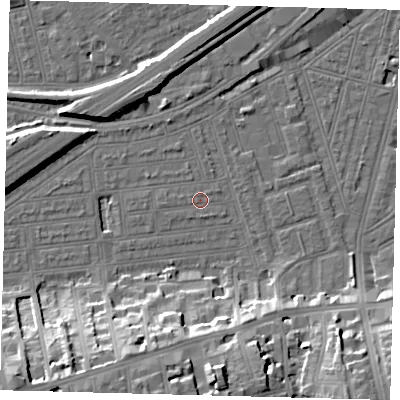 Shaded relief map of the ground around SW115LR, computed from Environment Agency LiDAR. The ground here sits at about 3 m above sea level and falls 19 m across the surrounding 800 m. Surface water reaching this point runs off ground lying to the west, 0.7 m higher.