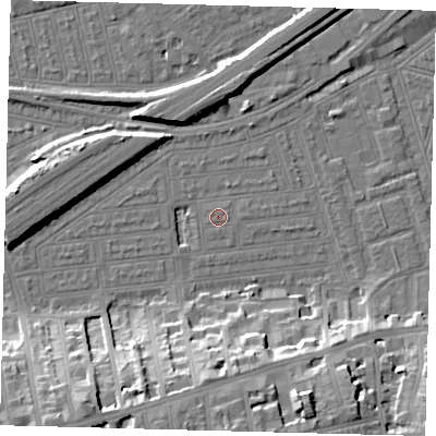 Shaded relief map of the ground around SW115LS, computed from Environment Agency LiDAR. The ground here sits at about 3 m above sea level and falls 19 m across the surrounding 800 m. Surface water reaching this point runs off ground lying to the east, 0.5 m higher.