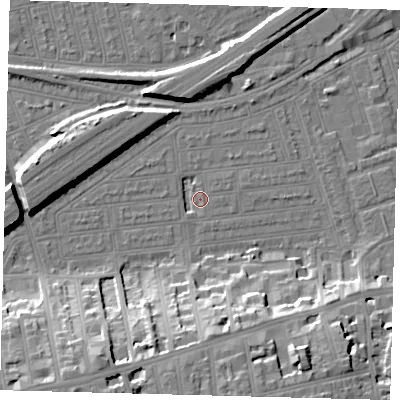Shaded relief map of the ground around SW115LT, computed from Environment Agency LiDAR. The ground here sits at about 2 m above sea level and falls 19 m across the surrounding 800 m. Surface water reaching this point runs off ground lying to the north-east, 2.0 m higher.