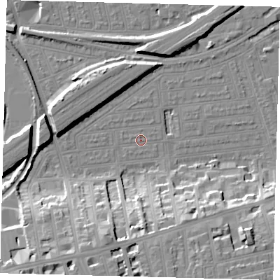 Shaded relief map of the ground around SW115LU, computed from Environment Agency LiDAR. The ground here sits at about 3 m above sea level and falls 20 m across the surrounding 800 m. Surface water reaching this point runs off ground lying to the north-north-west, 0.6 m higher.