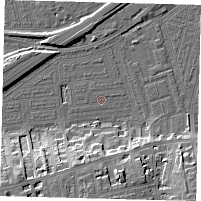 Shaded relief map of the ground around SW115LW, computed from Environment Agency LiDAR. The ground here sits at about 2 m above sea level and falls 19 m across the surrounding 800 m. Surface water reaching this point runs off ground lying to the south-west, 17.9 m higher.