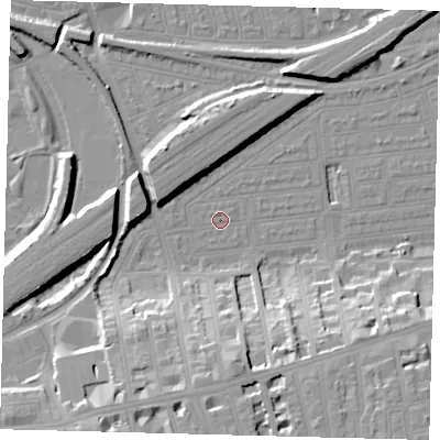 Shaded relief map of the ground around SW115LX, computed from Environment Agency LiDAR. The ground here sits at about 3 m above sea level and falls 20 m across the surrounding 800 m. The ground contributing surface water to this point lies to the south-east.