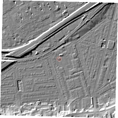Shaded relief map of the ground around SW115QS, computed from Environment Agency LiDAR. The ground here sits at about 3 m above sea level and falls 12 m across the surrounding 800 m. Surface water reaching this point runs off ground lying to the north-north-east, 1.6 m higher.