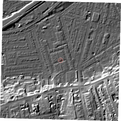 Shaded relief map of the ground around SW115QX, computed from Environment Agency LiDAR. The ground here sits at about 3 m above sea level and falls 19 m across the surrounding 800 m. Surface water reaching this point runs off ground lying to the south, 1.2 m higher.