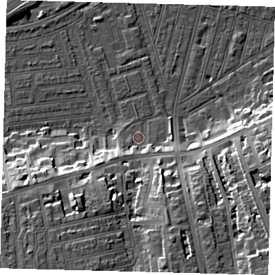 Shaded relief map of the ground around SW115QY, computed from Environment Agency LiDAR. The ground here sits at about 4 m above sea level and falls 20 m across the surrounding 800 m. Surface water reaching this point runs off ground lying to the south-south-west, 14.0 m higher.