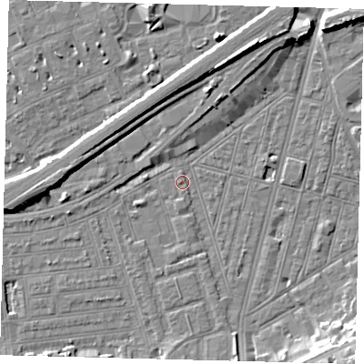 Shaded relief map of the ground around SW115TD, computed from Environment Agency LiDAR. The ground here sits at about 2 m above sea level and falls 12 m across the surrounding 800 m. Surface water reaching this point runs off ground lying to the south-south-east, 1.4 m higher.