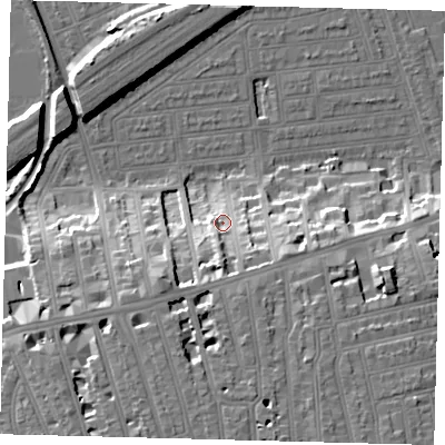 Shaded relief map of the ground around SW115TP, computed from Environment Agency LiDAR. The ground here sits at about 9 m above sea level and falls 20 m across the surrounding 800 m. Surface water reaching this point runs off ground lying to the south-south-west, 10.8 m higher.