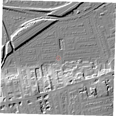 Shaded relief map of the ground around SW115TS, computed from Environment Agency LiDAR. The ground here sits at about 2 m above sea level and falls 19 m across the surrounding 800 m. Surface water reaching this point runs off ground lying to the south, 18.1 m higher.