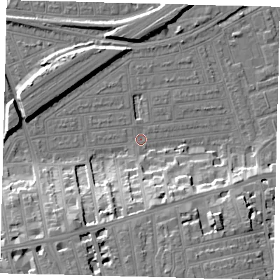 Shaded relief map of the ground around SW115TT, computed from Environment Agency LiDAR. The ground here sits at about 2 m above sea level and falls 19 m across the surrounding 800 m. Surface water reaching this point runs off ground lying to the south, 18.1 m higher.
