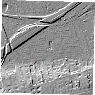 Shaded relief map of the ground around SW115UB, computed from Environment Agency LiDAR. The ground here sits at about 3 m above sea level and falls 20 m across the surrounding 800 m. Surface water reaching this point runs off ground lying to the north-west, 2.0 m higher.