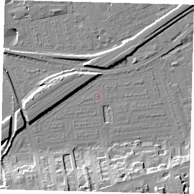 Shaded relief map of the ground around SW115UD, computed from Environment Agency LiDAR. The ground here sits at about 3 m above sea level and falls 20 m across the surrounding 800 m. Surface water reaching this point runs off ground lying to the north-east, 0.5 m higher.