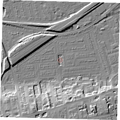 Shaded relief map of the ground around SW115UE, computed from Environment Agency LiDAR. The ground here sits at about 1 m above sea level and falls 20 m across the surrounding 800 m. Surface water reaching this point runs off ground lying to the north-east, 2.0 m higher.