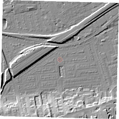 Shaded relief map of the ground around SW115UF, computed from Environment Agency LiDAR. The ground here sits at about 3 m above sea level and falls 20 m across the surrounding 800 m. Surface water reaching this point runs off ground lying to the north-north-east, 0.5 m higher.