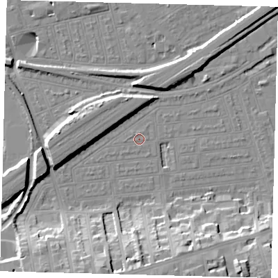 Shaded relief map of the ground around SW115UG, computed from Environment Agency LiDAR. The ground here sits at about 3 m above sea level and falls 20 m across the surrounding 800 m. Surface water reaching this point runs off ground lying to the north-north-west, 0.7 m higher.