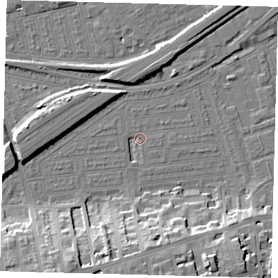 Shaded relief map of the ground around SW115UH, computed from Environment Agency LiDAR. The ground here sits at about 3 m above sea level and falls 19 m across the surrounding 800 m. Surface water reaching this point runs off ground lying to the east-north-east, 2.0 m higher.