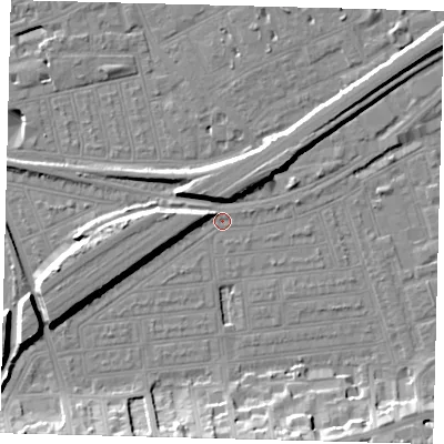 Shaded relief map of the ground around SW115UY, computed from Environment Agency LiDAR. The ground here sits at about 3 m above sea level and falls 15 m across the surrounding 800 m. Surface water reaching this point runs off ground lying to the west-south-west, 7.0 m higher.