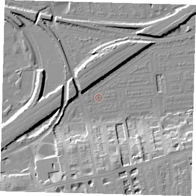 Shaded relief map of the ground around SW115UZ, computed from Environment Agency LiDAR. The ground here sits at about 3 m above sea level and falls 20 m across the surrounding 800 m. Surface water reaching this point runs off ground lying to the north-west, 6.8 m higher.