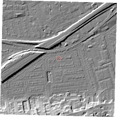 Shaded relief map of the ground around SW115XB, computed from Environment Agency LiDAR. The ground here sits at about 3 m above sea level and falls 14 m across the surrounding 800 m. Surface water reaching this point runs off ground lying to the west-south-west, 7.0 m higher.