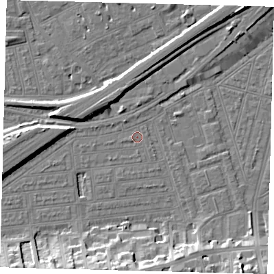 Shaded relief map of the ground around SW115XD, computed from Environment Agency LiDAR. The ground here sits at about 3 m above sea level and falls 13 m across the surrounding 800 m. Surface water reaching this point runs off ground lying to the west, 6.5 m higher.