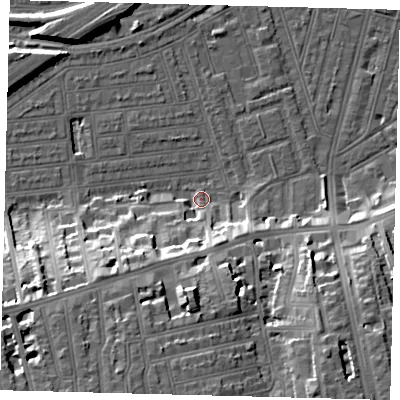 Shaded relief map of the ground around SW115XJ, computed from Environment Agency LiDAR. The ground here sits at about 3 m above sea level and falls 19 m across the surrounding 800 m. Surface water reaching this point runs off ground lying to the south-south-west, 18.4 m higher.