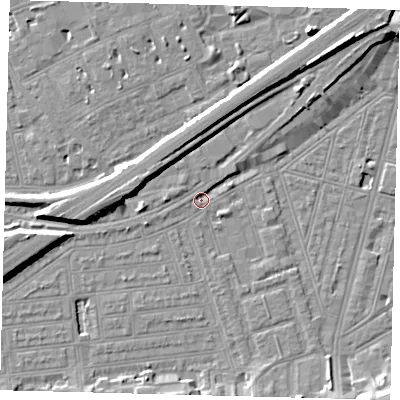Shaded relief map of the ground around SW115XS, computed from Environment Agency LiDAR. The ground here sits at about 2 m above sea level and falls 10 m across the surrounding 800 m. Surface water reaching this point runs off ground lying to the north-east, 8.2 m higher.