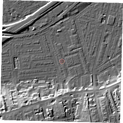 Shaded relief map of the ground around SW115YB, computed from Environment Agency LiDAR. The ground here sits at about 3 m above sea level and falls 19 m across the surrounding 800 m. Surface water reaching this point runs off ground lying to the south-south-east, 1.7 m higher.