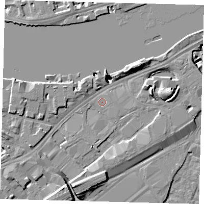 Shaded relief map of the ground around SW117AQ, computed from Environment Agency LiDAR. The ground here sits at about 4 m above sea level and falls 52 m across the surrounding 800 m. Surface water reaching this point runs off ground lying to the south-south-west, 51.4 m higher.