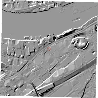 Shaded relief map of the ground around SW117AW, computed from Environment Agency LiDAR. The ground here sits at about 4 m above sea level and falls 52 m across the surrounding 800 m. Surface water reaching this point runs off ground lying to the south-south-west, 51.4 m higher.