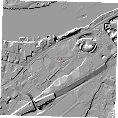Shaded relief map of the ground around SW117AX, computed from Environment Agency LiDAR. The ground here sits at about 4 m above sea level and falls 52 m across the surrounding 800 m. Surface water reaching this point runs off ground lying to the south-south-west, 7.2 m higher.