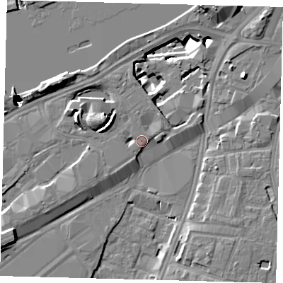 Shaded relief map of the ground around SW117AZ, computed from Environment Agency LiDAR. The ground here sits at about 4 m above sea level and falls 52 m across the surrounding 800 m. Surface water reaching this point runs off ground lying to the south-west, 1.3 m higher.