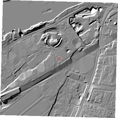 Shaded relief map of the ground around SW117BD, computed from Environment Agency LiDAR. The ground here sits at about 4 m above sea level and falls 52 m across the surrounding 800 m. Surface water reaching this point runs off ground lying to the south-west, 0.8 m higher.