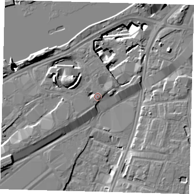 Shaded relief map of the ground around SW117BE, computed from Environment Agency LiDAR. The ground here sits at about 4 m above sea level and falls 52 m across the surrounding 800 m. Surface water reaching this point runs off ground lying to the south-west, 2.0 m higher.