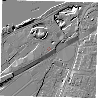 Shaded relief map of the ground around SW117BF, computed from Environment Agency LiDAR. The ground here sits at about 4 m above sea level and falls 52 m across the surrounding 800 m. Surface water reaching this point runs off ground lying to the south-west, 0.8 m higher.