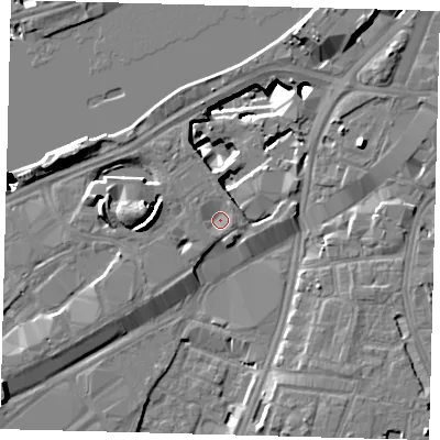 Shaded relief map of the ground around SW117BG, computed from Environment Agency LiDAR. The ground here sits at about 3 m above sea level and falls 52 m across the surrounding 800 m. Surface water reaching this point runs off ground lying to the west, 6.6 m higher.