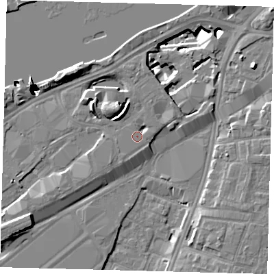 Shaded relief map of the ground around SW117BH, computed from Environment Agency LiDAR. The ground here sits at about 4 m above sea level and falls 52 m across the surrounding 800 m. Surface water reaching this point runs off ground lying to the north-north-east, 2.0 m higher.