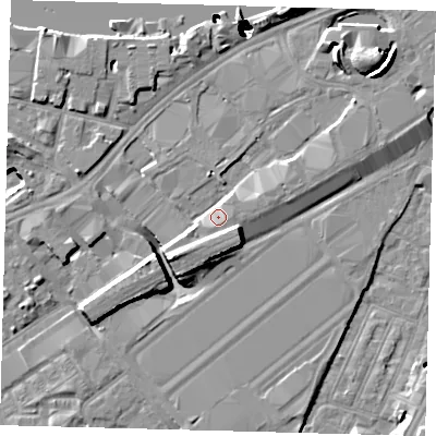 Shaded relief map of the ground around SW117BJ, computed from Environment Agency LiDAR. The ground here sits at about 5 m above sea level and falls 52 m across the surrounding 800 m. Surface water reaching this point runs off ground lying to the south-east, 2.6 m higher.