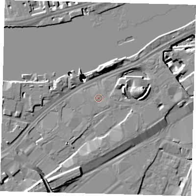 Shaded relief map of the ground around SW117BS, computed from Environment Agency LiDAR. The ground here sits at about 4 m above sea level and falls 52 m across the surrounding 800 m. Surface water reaching this point runs off ground lying to the south-south-west, 7.2 m higher.