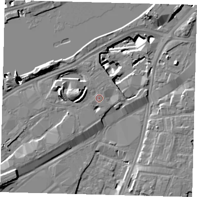 Shaded relief map of the ground around SW117BU, computed from Environment Agency LiDAR. The ground here sits at about 4 m above sea level and falls 52 m across the surrounding 800 m. Surface water reaching this point runs off ground lying to the west-north-west, 6.6 m higher.