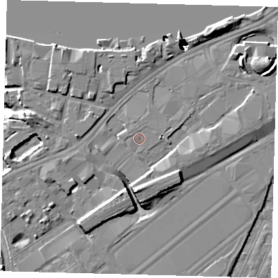 Shaded relief map of the ground around SW117EB, computed from Environment Agency LiDAR. The ground here sits at about 4 m above sea level and falls 52 m across the surrounding 800 m. Surface water reaching this point runs off ground lying to the south-south-west, 0.5 m higher.