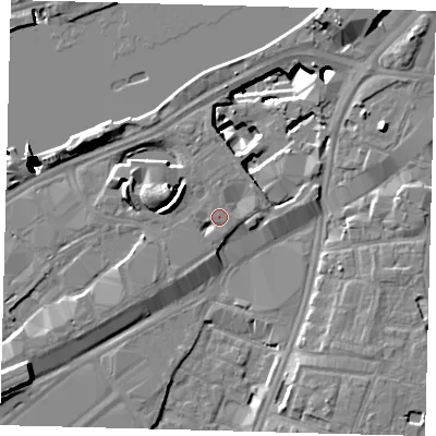 Shaded relief map of the ground around SW117EL, computed from Environment Agency LiDAR. The ground here sits at about 4 m above sea level and falls 52 m across the surrounding 800 m. Surface water reaching this point runs off ground lying to the west-north-west, 6.6 m higher.