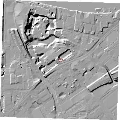 Shaded relief map of the ground around SW118AL, computed from Environment Agency LiDAR. The ground here sits at about 2 m above sea level and falls 17 m across the surrounding 800 m. Surface water reaching this point runs off ground lying to the west, 6.7 m higher.