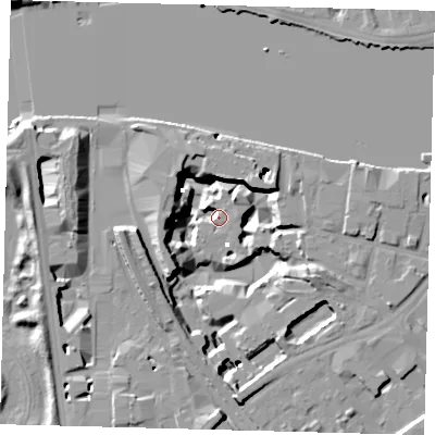 Shaded relief map of the ground around SW118AT, computed from Environment Agency LiDAR. The ground here sits at about 0 m above sea level and falls 19 m across the surrounding 800 m. Surface water reaching this point runs off ground lying to the west-south-west, 16.1 m higher.