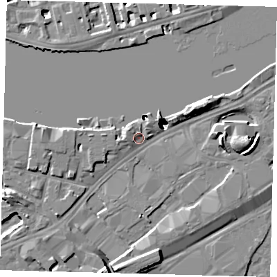 Shaded relief map of the ground around SW118AU, computed from Environment Agency LiDAR. The ground here sits at about 4 m above sea level and falls 52 m across the surrounding 800 m. Surface water reaching this point runs off ground lying to the north-west, 3.1 m higher.