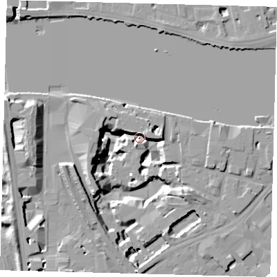Shaded relief map of the ground around SW118AX, computed from Environment Agency LiDAR. The ground here sits at about -3 m above sea level and falls 18 m across the surrounding 800 m. Surface water reaching this point runs off ground lying to the south-west, 16.1 m higher.