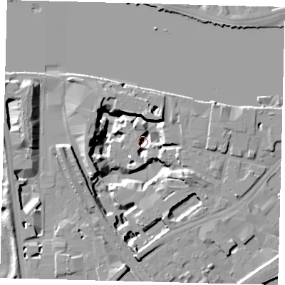 Shaded relief map of the ground around SW118BA, computed from Environment Agency LiDAR. The ground here sits at about -7 m above sea level and falls 18 m across the surrounding 800 m. Surface water reaching this point runs off ground lying to the west-south-west, 16.1 m higher.