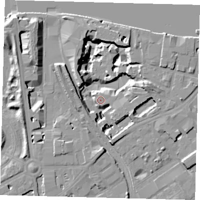 Shaded relief map of the ground around SW118BJ, computed from Environment Agency LiDAR. The ground here sits at about 3 m above sea level and falls 19 m across the surrounding 800 m. Surface water reaching this point runs off ground lying to the north-west, 16.1 m higher.