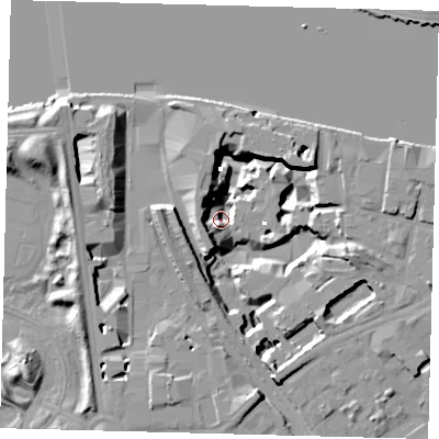 Shaded relief map of the ground around SW118BN, computed from Environment Agency LiDAR. The ground here sits at about -1 m above sea level and falls 19 m across the surrounding 800 m. Surface water reaching this point runs off ground lying to the west-south-west, 16.1 m higher.