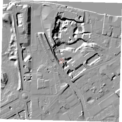 Shaded relief map of the ground around SW118BT, computed from Environment Agency LiDAR. The ground here sits at about -1 m above sea level and falls 19 m across the surrounding 800 m. Surface water reaching this point runs off ground lying to the west-south-west, 5.7 m higher.